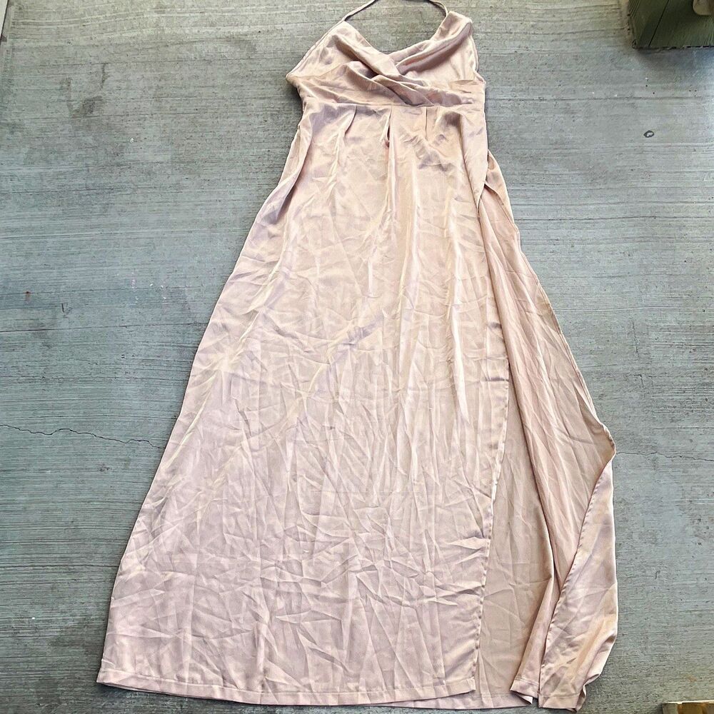 PrettyLittleThing Beige Satin Maxi Dress Women 12 Halter Evening Formal Cocktail
